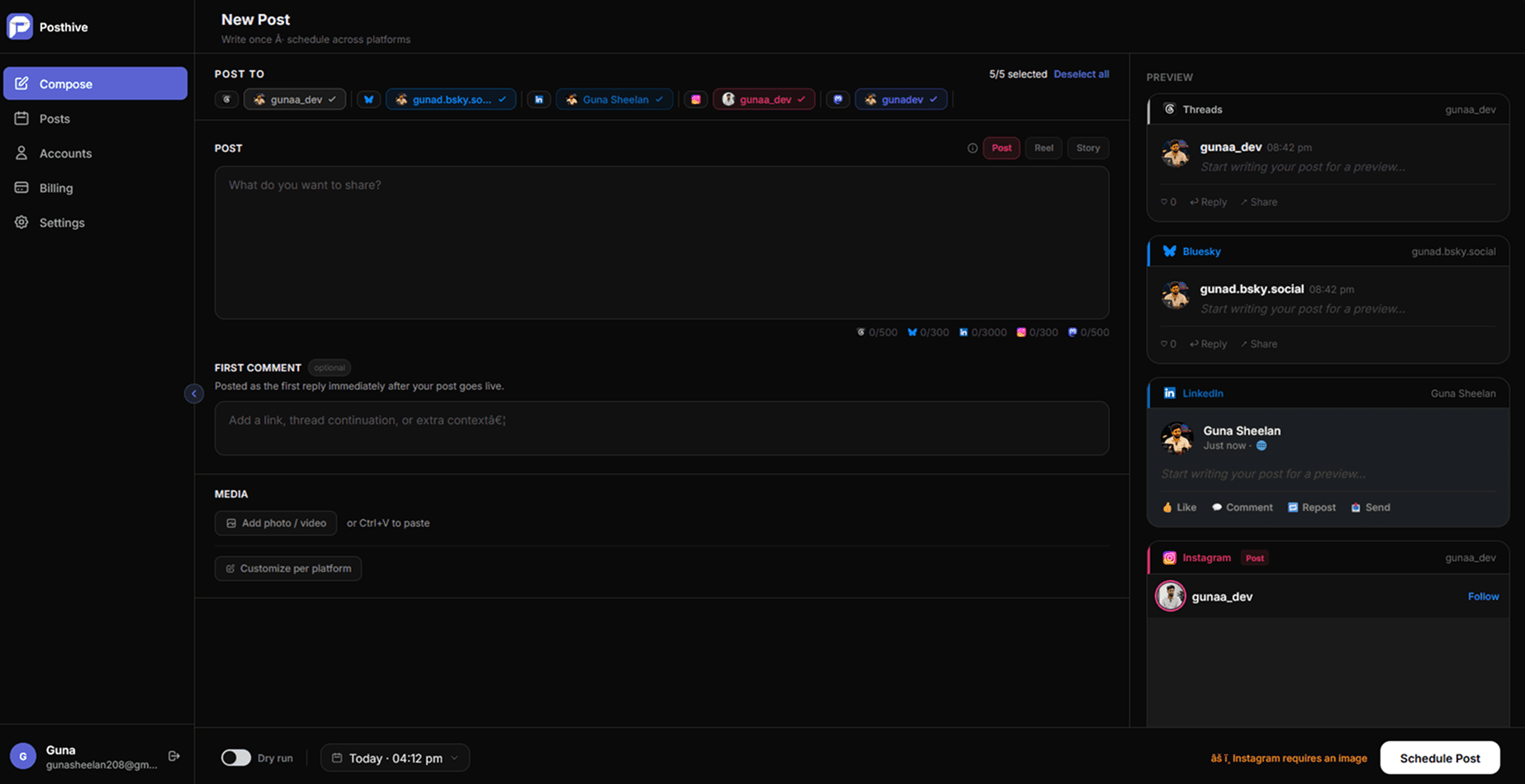 Posthive composer — schedule posts across all platforms